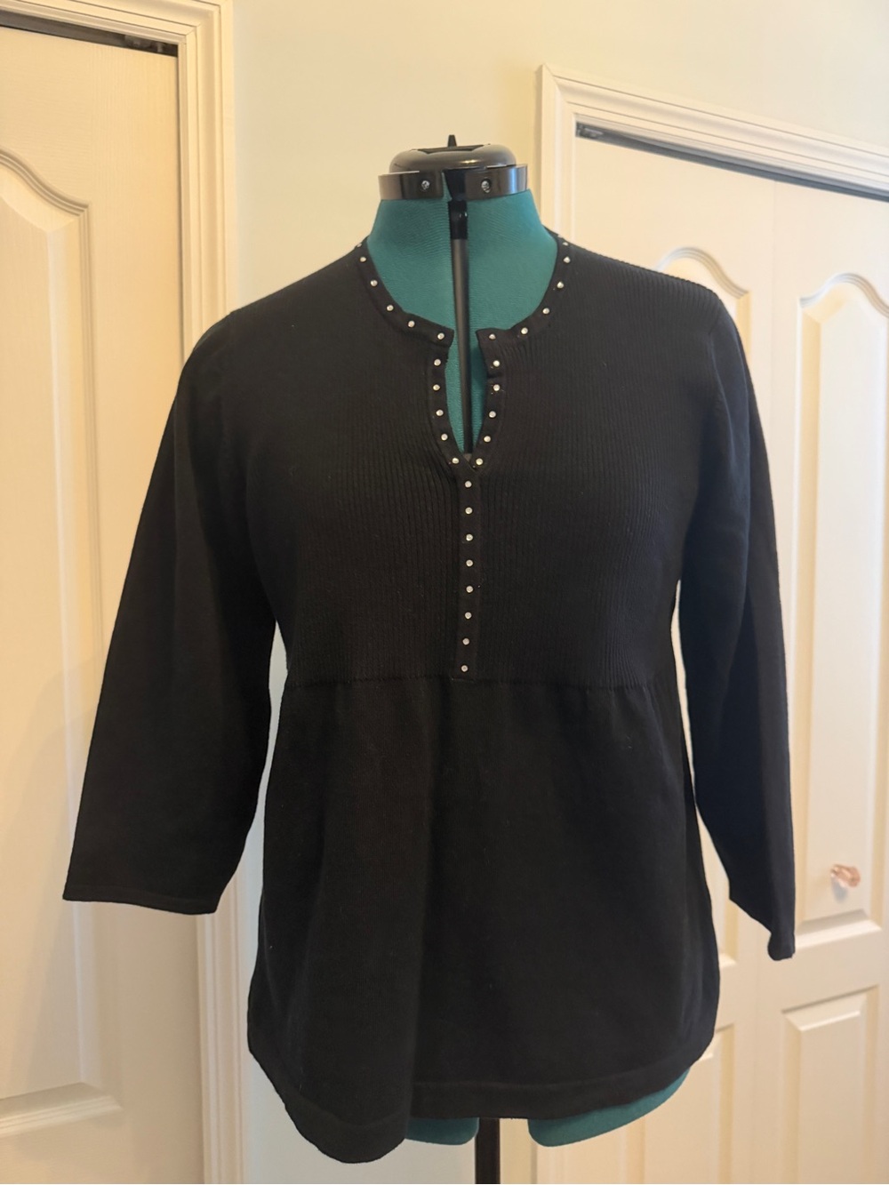 Cathy Daniels Black Long-Sleeve Knit Top with Stud Trim